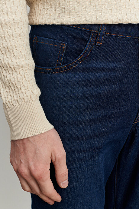 Comfort Fit Geniş Kesim %100 Pamuk Jean Kot Lacivert Denim Pantolon resmi