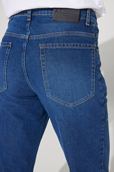 Comfort Fit Geniş Kesim %100 Pamuk Jean Kot Mavi Denim Pantolon resmi