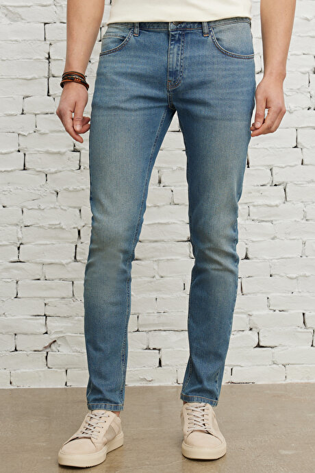 Pamuklu Ekstra Slim Fit Dar Kesim Esnek Jean Kot Denim Mavi Denim Pantolon resmi