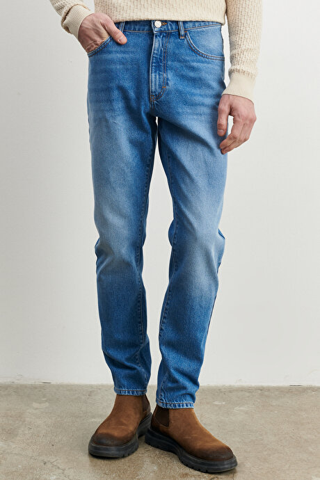 Comfort Fit Geniş Kesim %100 Pamuk Jean Kot Açık Mavi Denim Pantolon resmi
