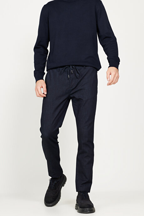 Slim Fit Dar Kesim Yan Cepli Esnek Beli Bağlamalı Denim Koyu Lacivert Denim Pantolon resmi