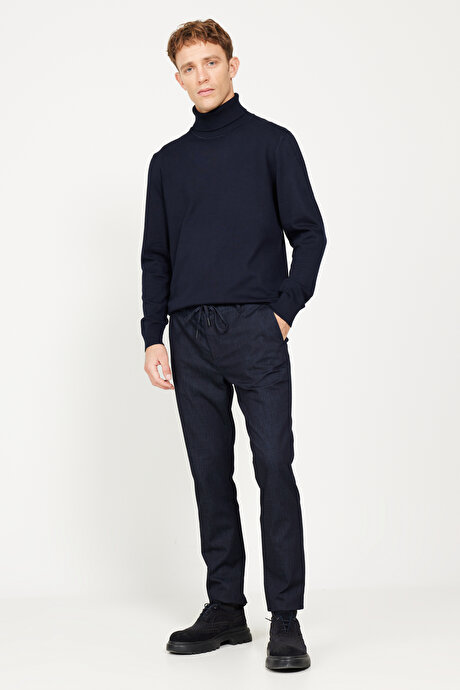 Slim Fit Dar Kesim Yan Cepli Esnek Beli Bağlamalı Denim Koyu Lacivert Denim Pantolon resmi