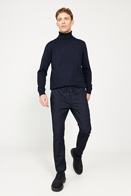 Slim Fit Dar Kesim Yan Cepli Esnek Beli Bağlamalı Denim Koyu Lacivert Denim Pantolon resmi