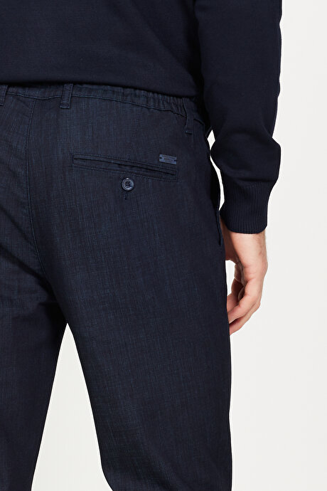 Slim Fit Dar Kesim Yan Cepli Esnek Beli Bağlamalı Denim Koyu Lacivert Denim Pantolon resmi