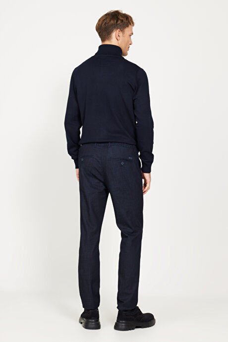 Slim Fit Dar Kesim Yan Cepli Esnek Beli Bağlamalı Denim Koyu Lacivert Denim Pantolon resmi