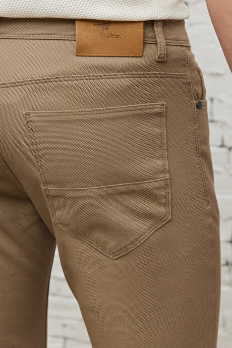 Slim Fit Dar Kesim 5 Cep Armürlü Esnek Bej Pantolon resmi
