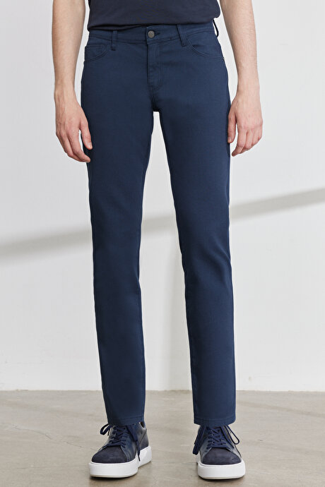 Slim Fit Dar Kesim 5 Cep Armürlü Esnek Lacivert Pantolon resmi