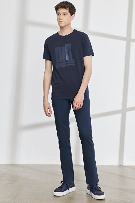 Slim Fit Dar Kesim 5 Cep Armürlü Esnek Lacivert Pantolon resmi