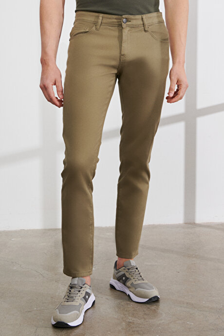 Slim Fit Dar Kesim 5 Cep Armürlü Esnek Yeşil Pantolon resmi