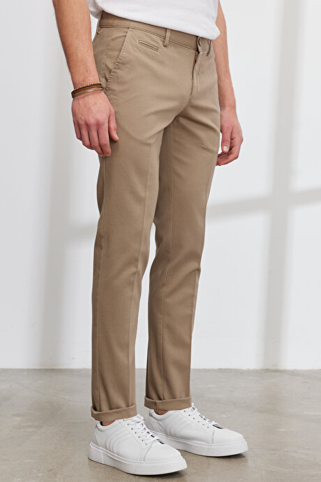 Slim Fit Dar Kesim Yan Cepli Pamuklu Esnek Armürlü Bej Pantolon resmi