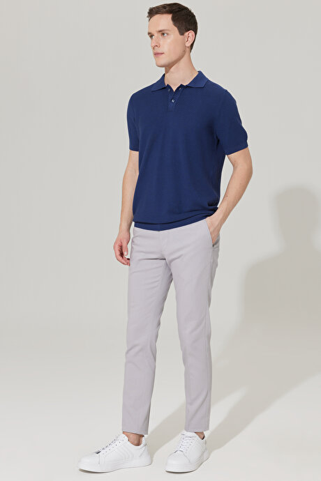 Slim Fit Dar Kesim Yan Cepli Pamuklu Esnek Armürlü Gri Pantolon resmi