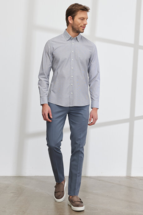 Slim Fit Dar Kesim Yan Cepli Pamuklu Esnek Armürlü Petrol Pantolon resmi