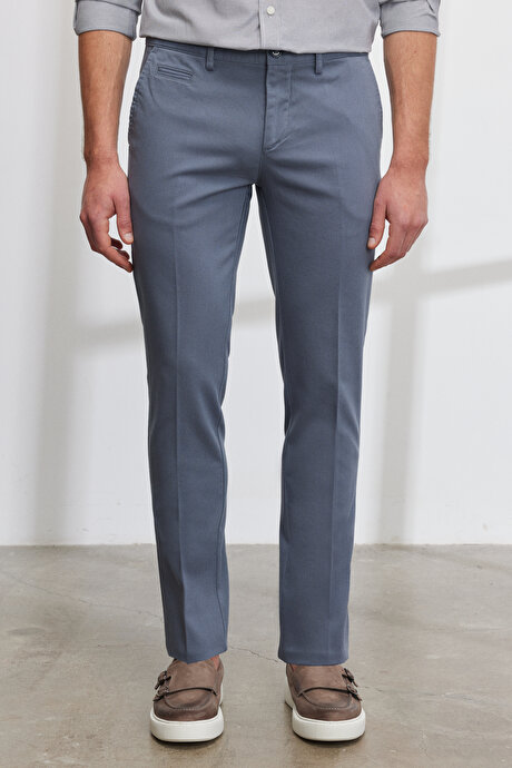 Slim Fit Dar Kesim Yan Cepli Pamuklu Esnek Armürlü Petrol Pantolon resmi