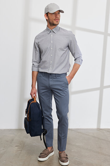 Slim Fit Dar Kesim Yan Cepli Pamuklu Esnek Armürlü Petrol Pantolon resmi