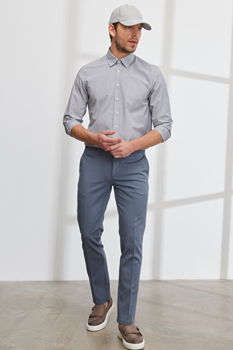 Slim Fit Dar Kesim Yan Cepli Pamuklu Esnek Armürlü Petrol Pantolon resmi