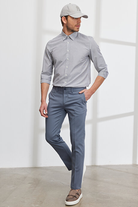 Slim Fit Dar Kesim Yan Cepli Pamuklu Esnek Armürlü Petrol Pantolon resmi