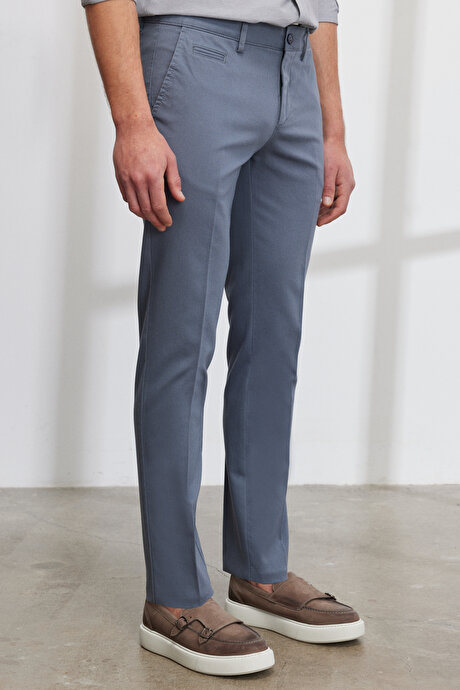 Slim Fit Dar Kesim Yan Cepli Pamuklu Esnek Armürlü Petrol Pantolon resmi