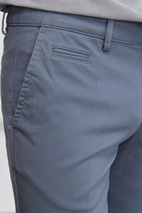 Slim Fit Dar Kesim Yan Cepli Pamuklu Esnek Armürlü Petrol Pantolon resmi