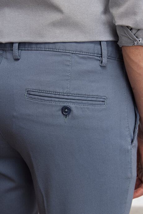Slim Fit Dar Kesim Yan Cepli Pamuklu Esnek Armürlü Petrol Pantolon resmi