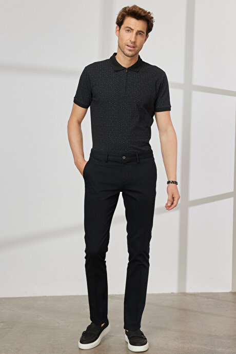 Slim Fit Dar Kesim Yan Cepli Pamuklu Esnek Armürlü Siyah Pantolon resmi