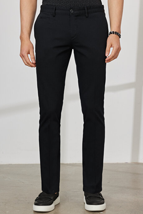Slim Fit Dar Kesim Yan Cepli Pamuklu Esnek Armürlü Siyah Pantolon resmi