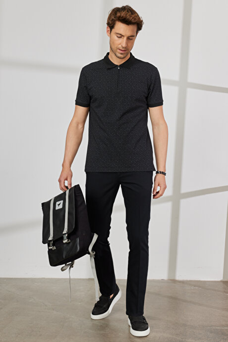Slim Fit Dar Kesim Yan Cepli Pamuklu Esnek Armürlü Siyah Pantolon resmi