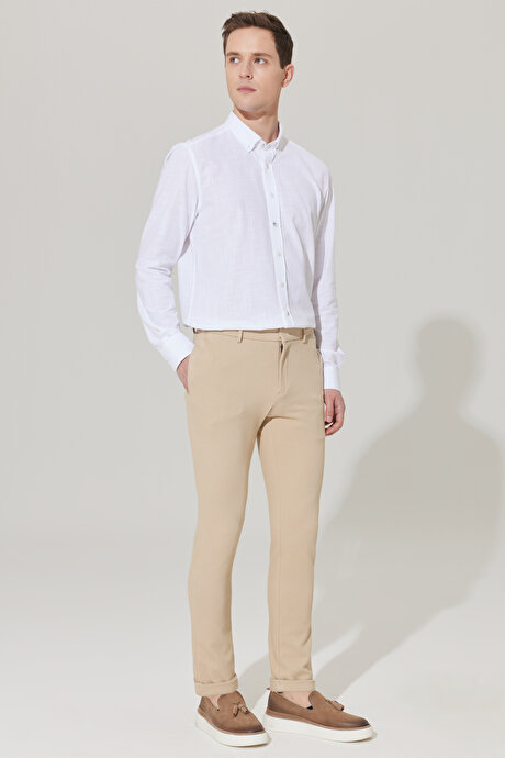 360 Derece Her Yöne Esneyen Slim Fit Dar Kesim Diagonal Desenli Beli Bağlamalı Örme Bej Pantolon resmi