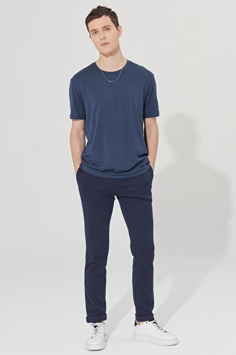360 Derece Her Yöne Esneyen Slim Fit Dar Kesim Diagonal Desenli Beli Bağlamalı Örme Lacivert Pantolon resmi