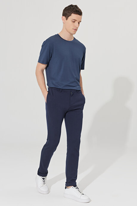 360 Derece Her Yöne Esneyen Slim Fit Dar Kesim Diagonal Desenli Beli Bağlamalı Örme Lacivert Pantolon resmi