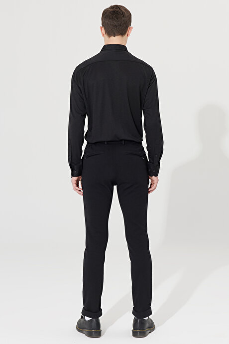 360 Derece Her Yöne Esneyen Slim Fit Dar Kesim Diagonal Desenli Beli Bağlamalı Örme Siyah Pantolon resmi
