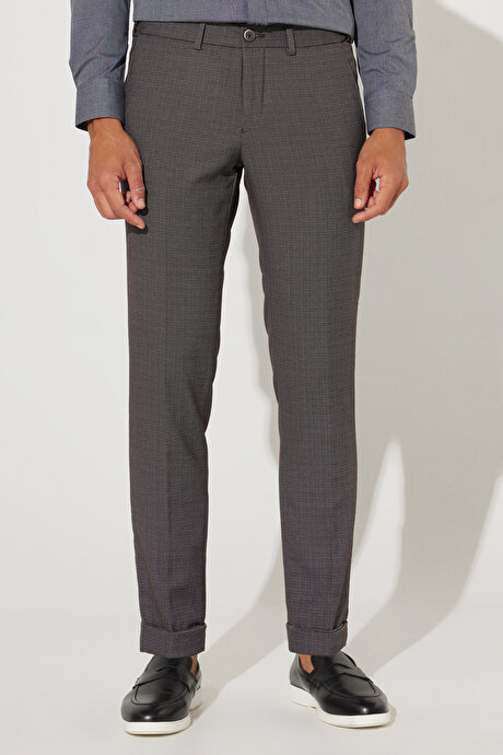 Slim Fit Dar Kesim Desenli Beli Lastikli Kahverengi Pantolon resmi