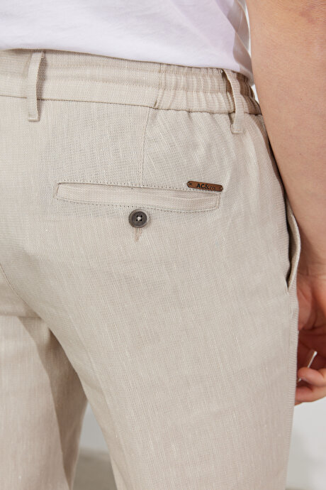 Slim Fit Dar Kesim Yan Cepli Keten Karışımlı Beli Bağlamalı Esnek Bej Pantolon resmi