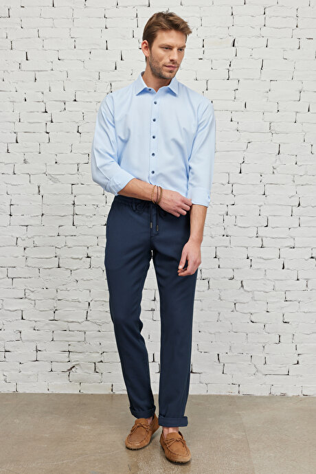 Slim Fit Dar Kesim Pamuklu Diyagonal Esnek Beli Bağlamalı Lacivert Pantolon resmi