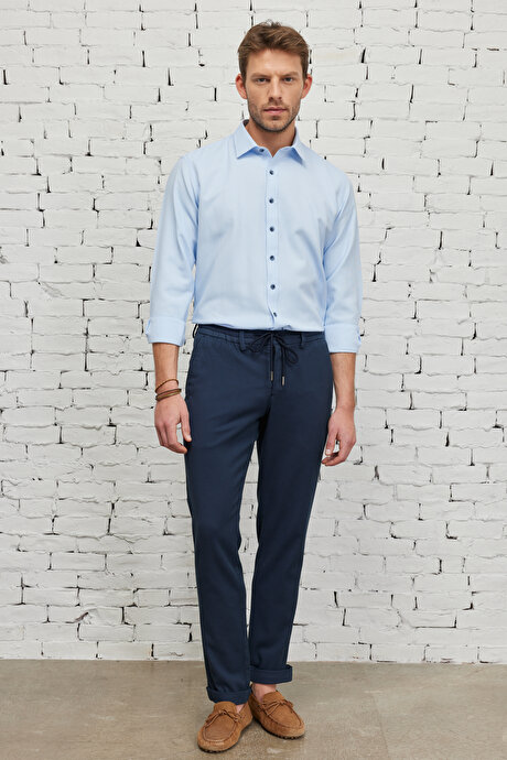 Slim Fit Dar Kesim Pamuklu Diyagonal Esnek Beli Bağlamalı Lacivert Pantolon resmi