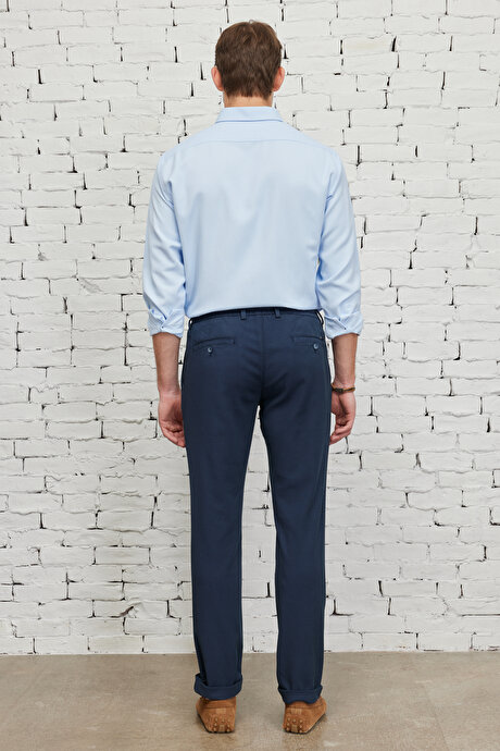 Slim Fit Dar Kesim Pamuklu Diyagonal Esnek Beli Bağlamalı Lacivert Pantolon resmi