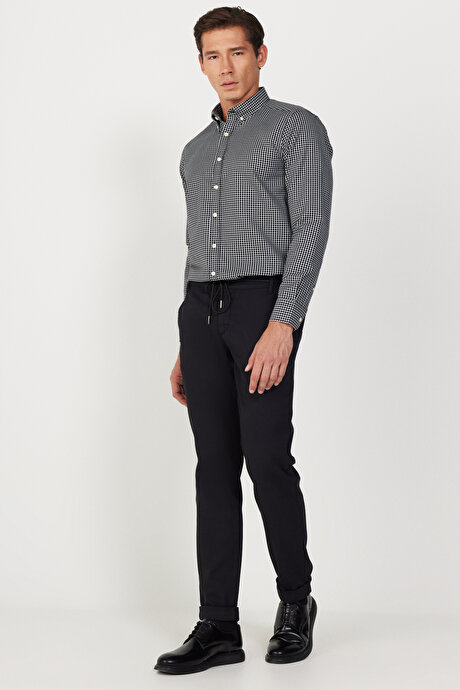 Slim Fit Dar Kesim Pamuklu Diyagonal Esnek Beli Bağlamalı Siyah Pantolon resmi