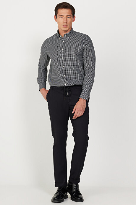 Slim Fit Dar Kesim Pamuklu Diyagonal Esnek Beli Bağlamalı Siyah Pantolon resmi