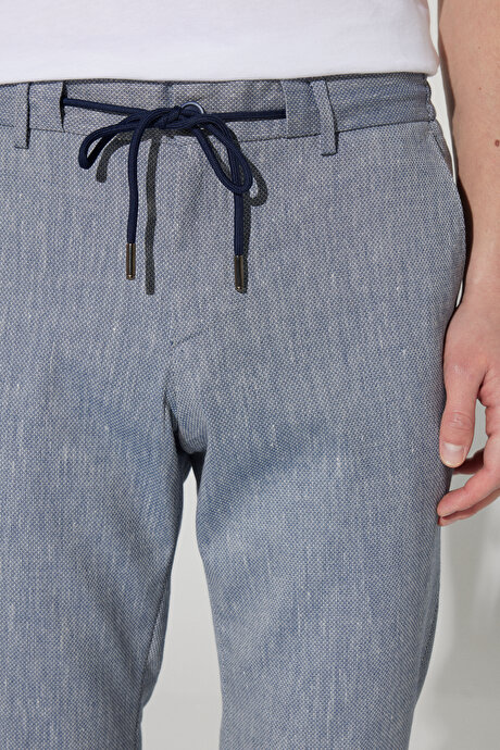 Slim Fit Dar Kesim Keten Karışımlı Yan Cepli Beli Bağlamalı Lacivert Pantolon resmi