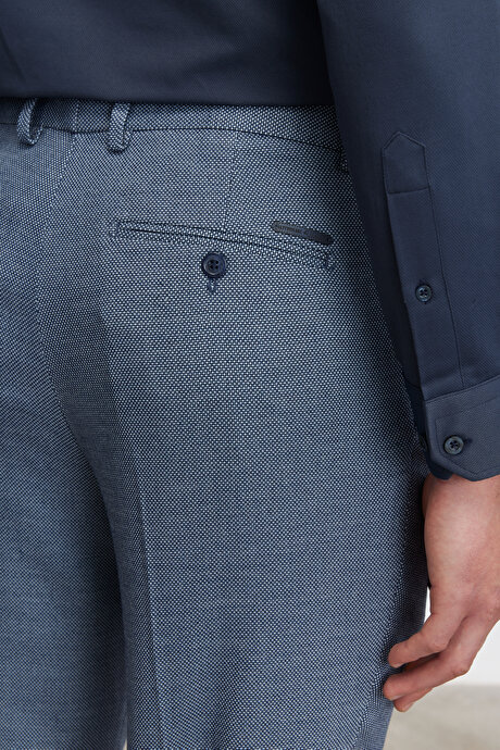 Slim Fit Dar Kesim Kuşgözü Desenli Beli Lastikli Lacivert Pantolon resmi