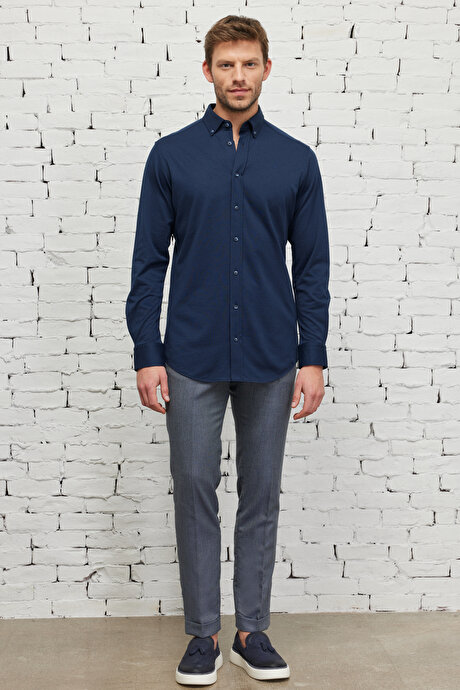 Slim Fit Dar Kesim Desenli Beli Lastikli Lacivert-Gri Pantolon resmi