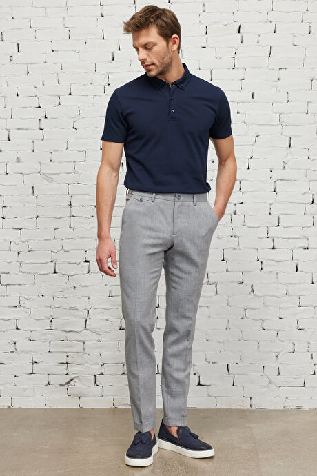 Slim Fit Dar Kesim Desenli Beli Lastikli Gri-Lacivert Pantolon resmi