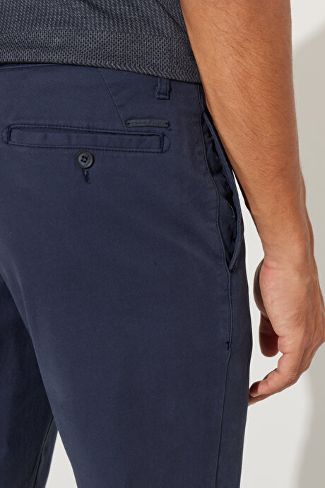 Comfort Fit Rahat Kesim Pamuklu Diyagonal Desenli Esnek Lacivert Pantolon resmi