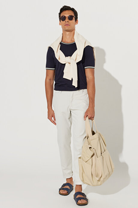Comfort Fit Rahat Kesim Pamuklu Diyagonal Desenli Esnek Taş Pantolon resmi