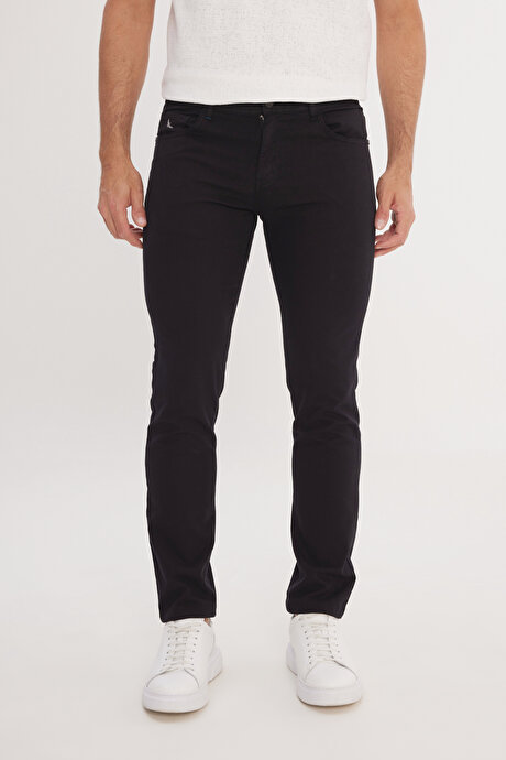 Slim Fit Dar Kesim 5 Cep Pamuklu Armürlü Esnek Siyah Pantolon resmi