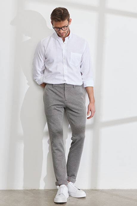 Slim Fit Dar Kesim Kuşgözü Desenli Beli Bağlamalı Bej Pantolon resmi