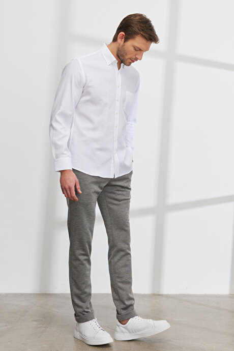 Slim Fit Dar Kesim Kuşgözü Desenli Beli Bağlamalı Bej Pantolon resmi