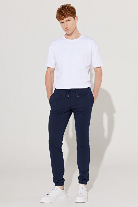 Slim Fit Dar Kesim Beli Bağlamalı Lacivert Pantolon resmi