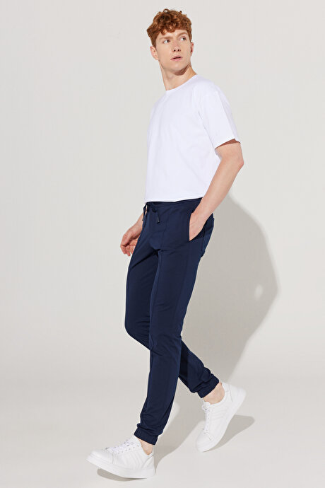 Slim Fit Dar Kesim Beli Bağlamalı Lacivert Pantolon resmi
