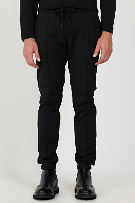 Slim Fit Dar Kesim Beli Bağlamalı Siyah Pantolon resmi