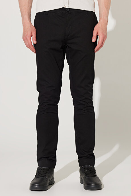 Slim Fit Dar Kesim Pamuklu Esnek Rahat Armürlü Siyah Pantolon resmi